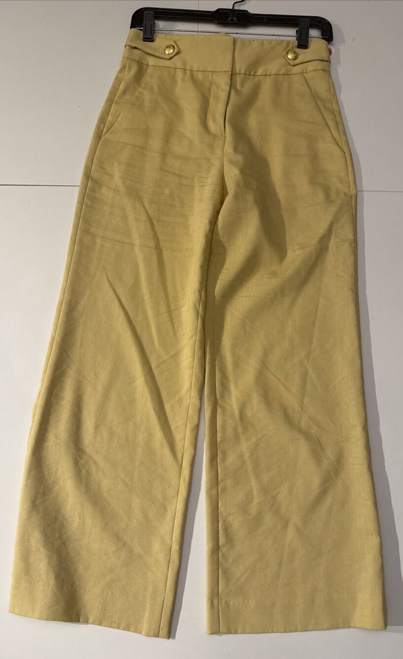 Veronica Beard Aubrie Pants Yellow Linen Wool Wide Leg Gold Button Sailor Slack
